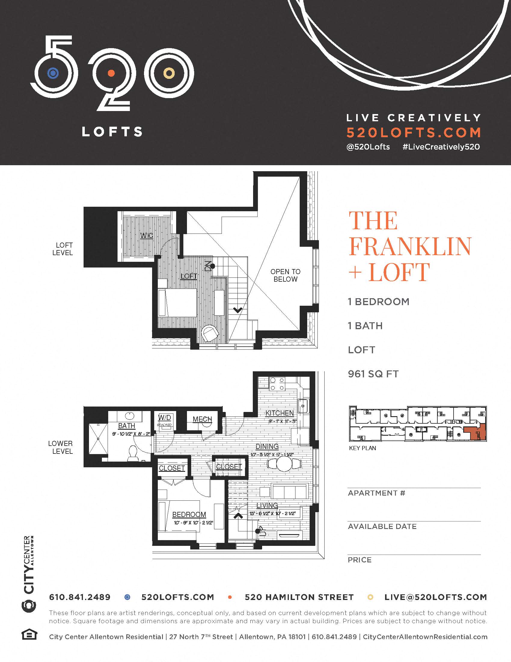 Floor plan for 1 bed, 1 bath, 961 sqft